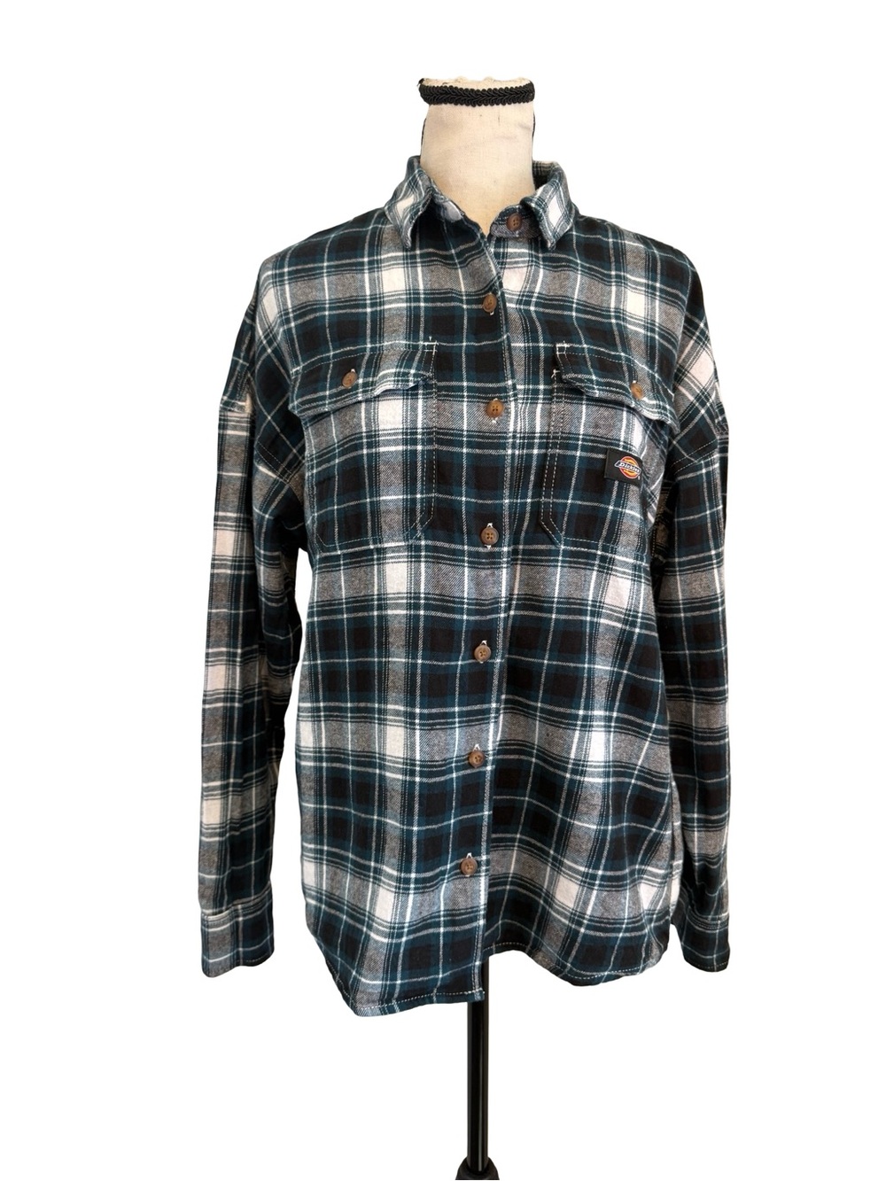 Dickies Women’s Plaid Flannel Button Front Shirt Green White Cotton Size Small